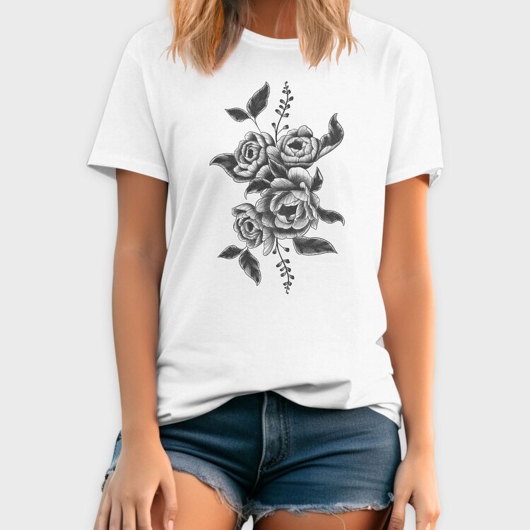 Peony Flower And Leaves Tattoo, Tricou Barbati (Unisex)