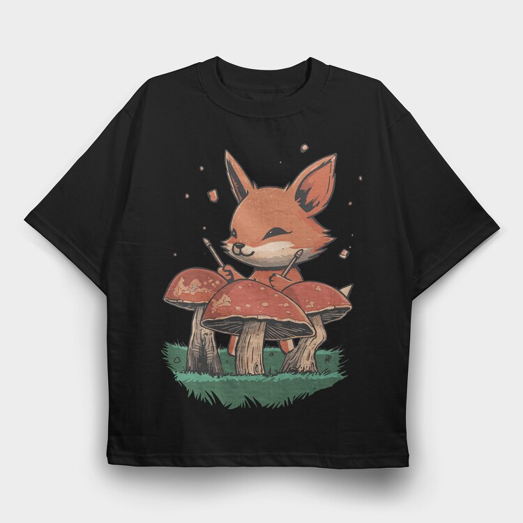 Fox Playing Drums On Mushrooms Cute, Tricou Oversize Barbati (Unisex)