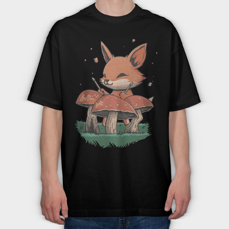 Fox Playing Drums On Mushrooms Cute, Tricou Oversize Barbati (Unisex)