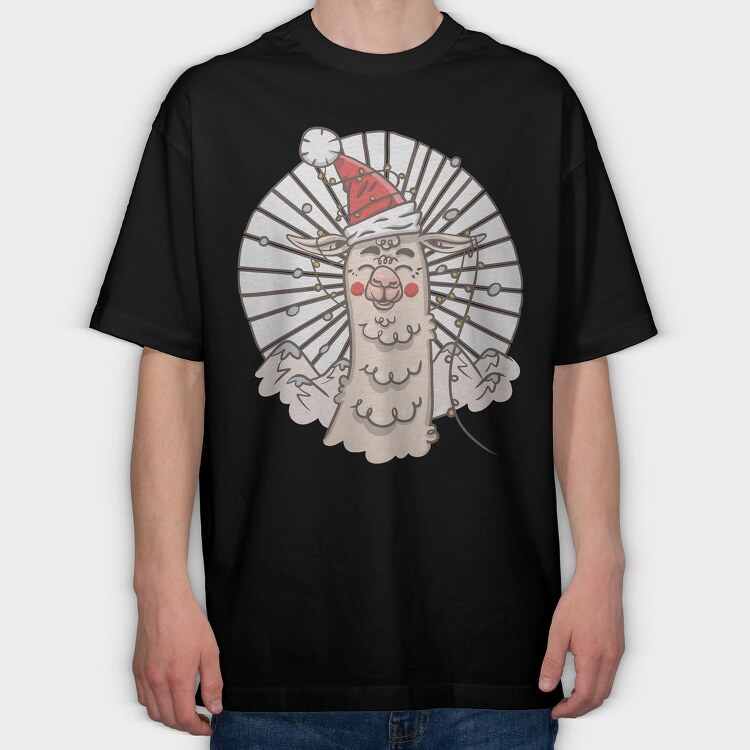 Santa Llama Hat, Tricou Oversize Barbati (Unisex)