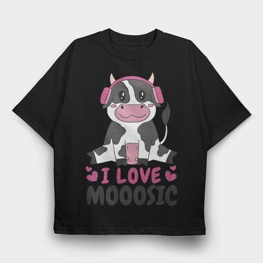 Cow With Headphones I Love Moosic, Tricou Oversize Barbati (Unisex)