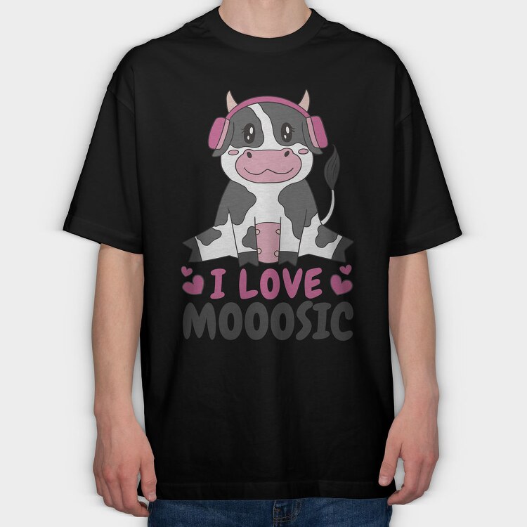 Cow With Headphones I Love Moosic, Tricou Oversize Barbati (Unisex)