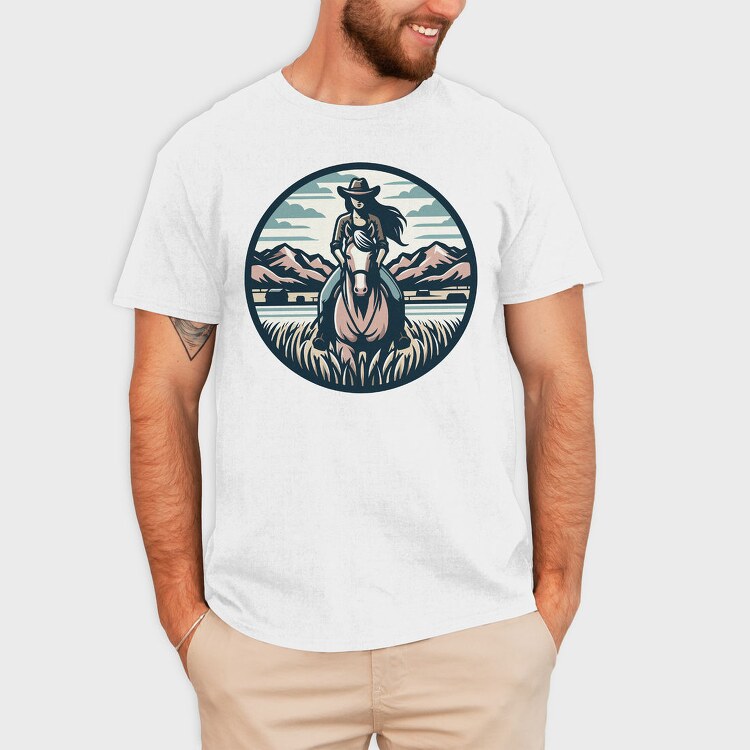 Cowgirl Riding Horse Scenic, Tricou Barbati (Unisex)