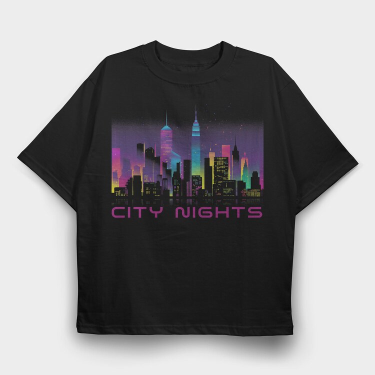 Neon City Skyline City Nights, Tricou Oversize Barbati (Unisex)