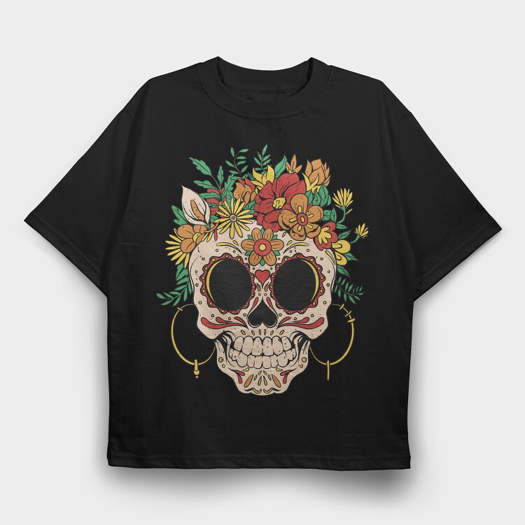 Sugar Skull And Flowers Traditional, Tricou Oversize Barbati (Unisex)