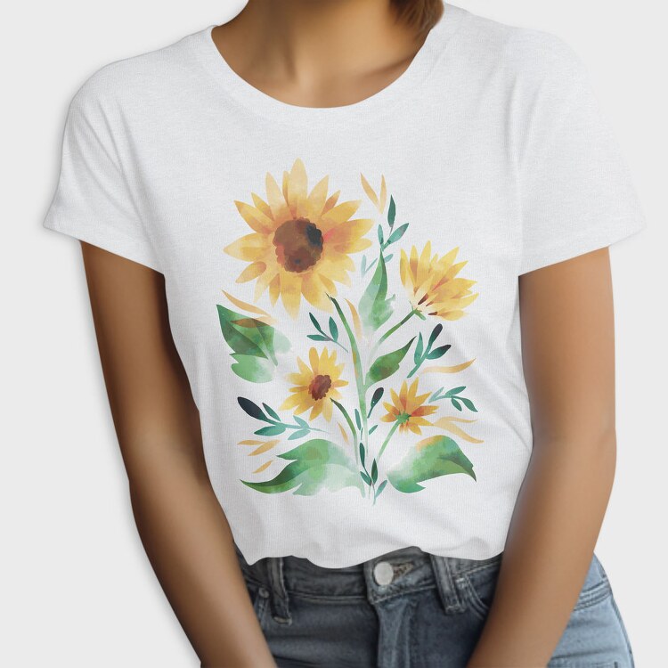 Sunflower Watercolor Flowers Leaves Tote, Tricou Femei