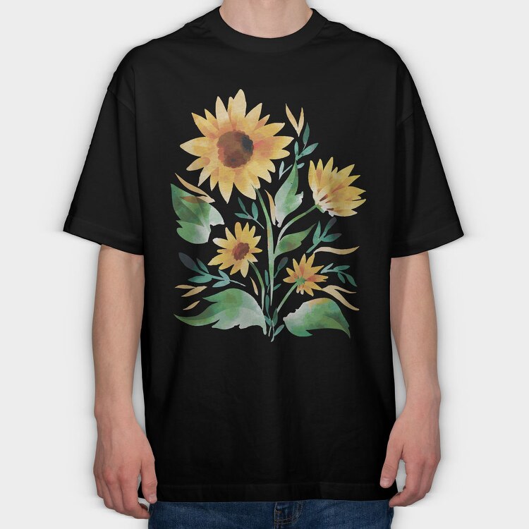 Sunflower Watercolor Flowers Leaves Tote, Tricou Oversize Barbati (Unisex)