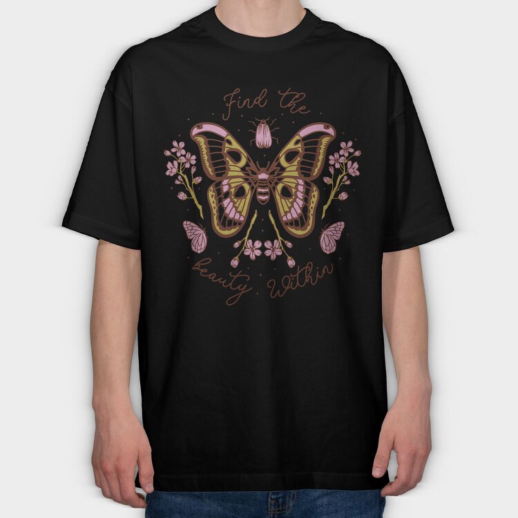 Pink Butterfly And Flowers Beauty Within, Tricou Oversize Barbati (Unisex)