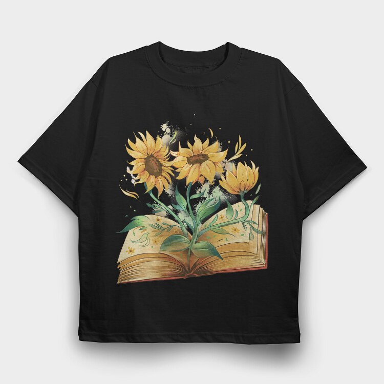 Sunflowers Coming Out Of Book Watercolor, Tricou Oversize Barbati (Unisex)