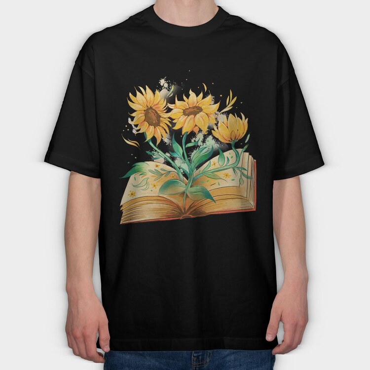Sunflowers Coming Out Of Book Watercolor, Tricou Oversize Barbati (Unisex)