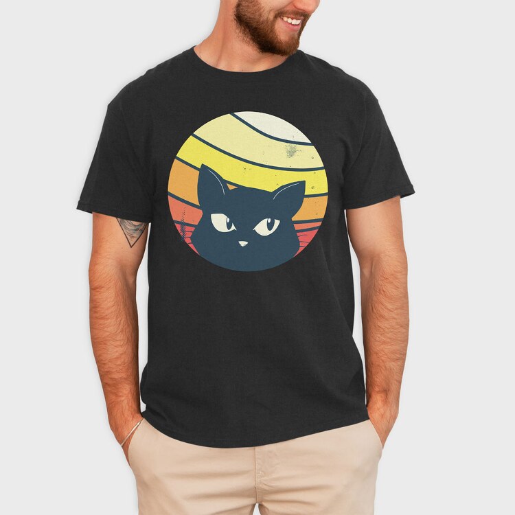 Black Cat Sunset Retro, Tricou Barbati (Unisex)