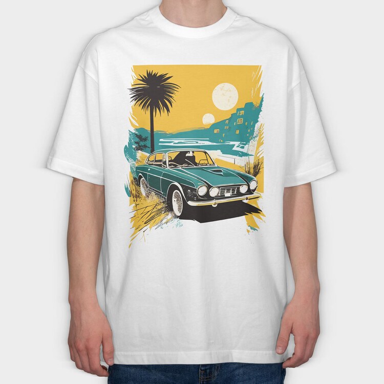 Classic Car Palm Trees Sun Sea City, Tricou Oversize Barbati (Unisex)
