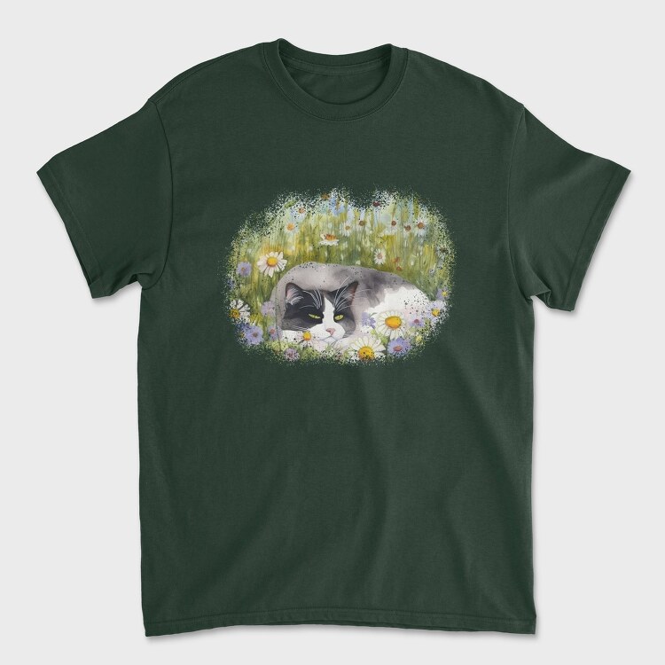 Cat Sleeping in Flower Field, Tricou Barbati (Unisex)