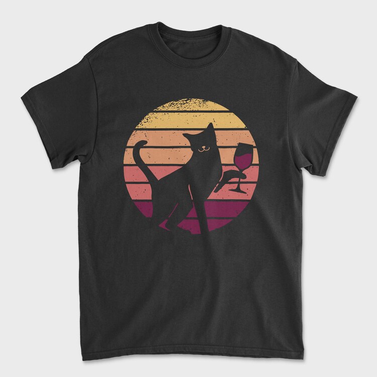 Cat With a Glass of Wine Retro Sunset, Tricou Barbati (Unisex)