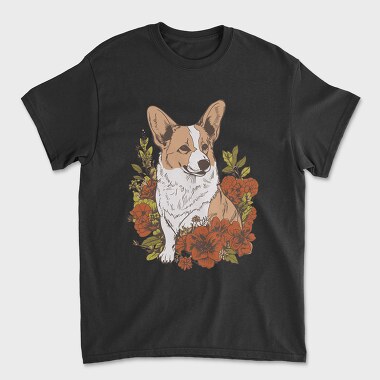 Corgi Dog Red Flowers, Tricou Barbati (Unisex)