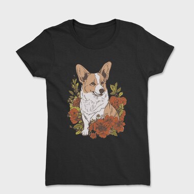 Corgi Dog Red Flowers, Tricou Femei