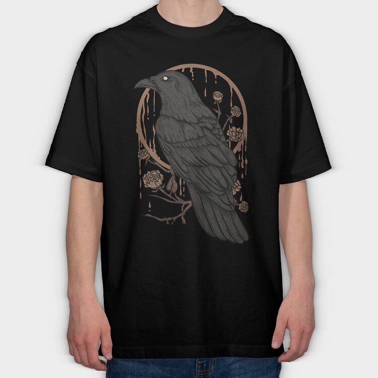 Raven Perch on the Flower Branch, Tricou Oversize Barbati (Unisex)