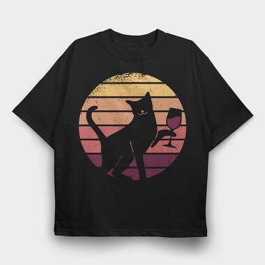 Cat With a Glass of Wine Retro Sunset, Tricou Oversize Barbati (Unisex)