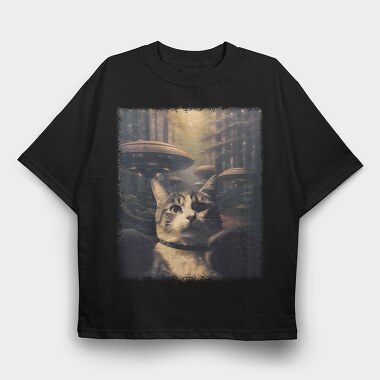 Cat With Alien Spaceships, Tricou Oversize Barbati (Unisex)