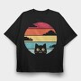 Retro Sunset Cat Funny, Tricou Oversize Barbati (Unisex)