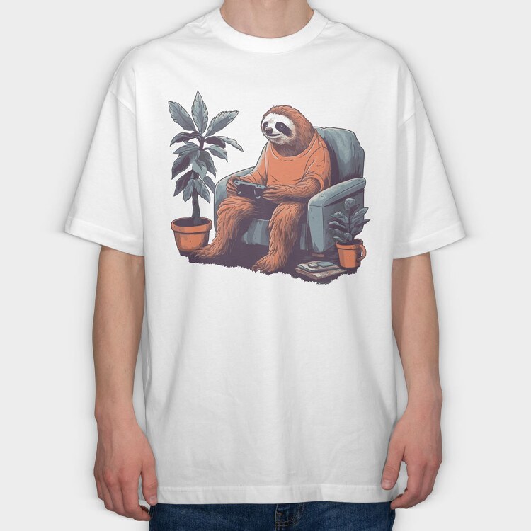 Chill Sloth Playing Video Games, Tricou Oversize Barbati (Unisex)