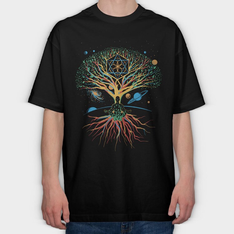 Sacred Geometry Meditating Colorful Magical Tree, Tricou Oversize Barbati (Unisex)