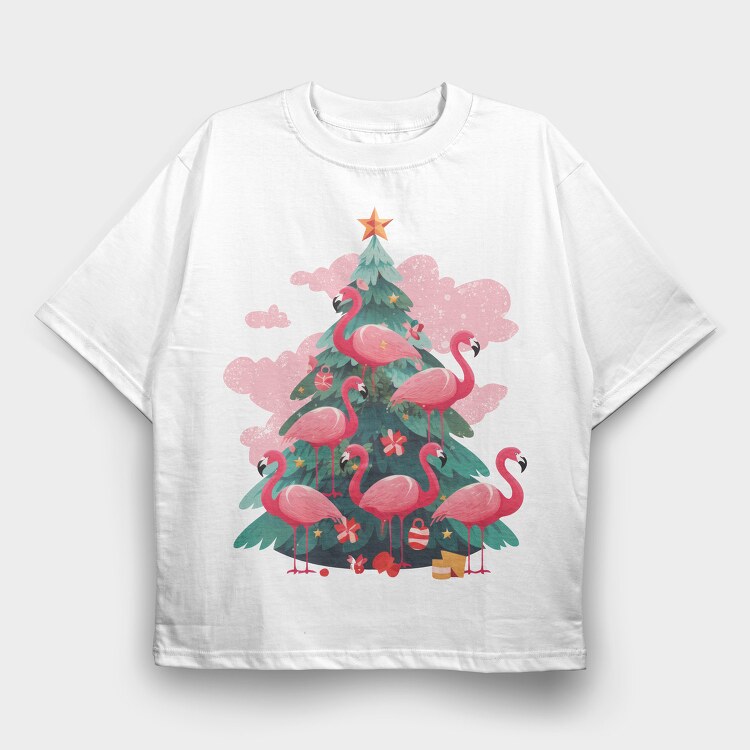 Flamingos Christmas Tree, Tricou Oversize Barbati (Unisex)