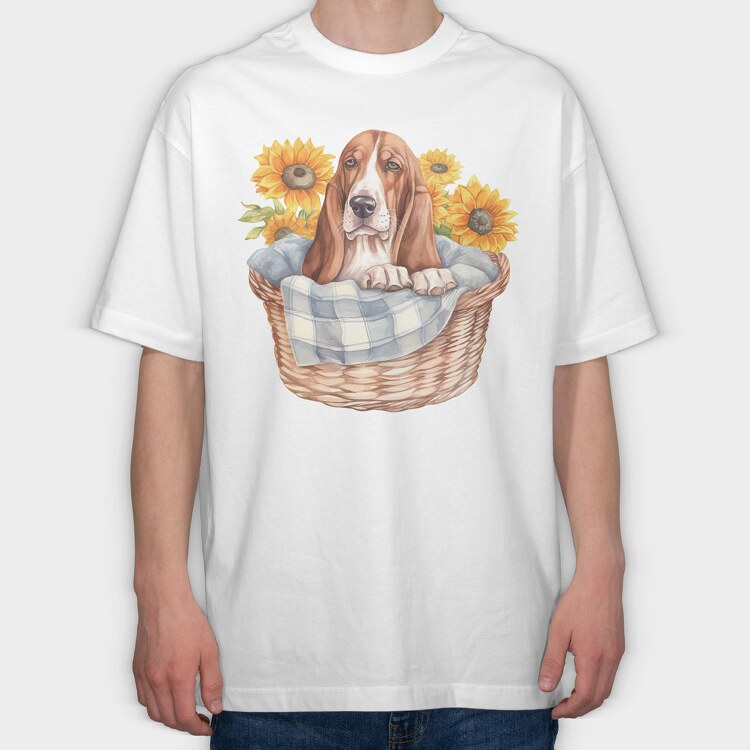 Basset Hound Sunflowers, Tricou Oversize Barbati (Unisex)