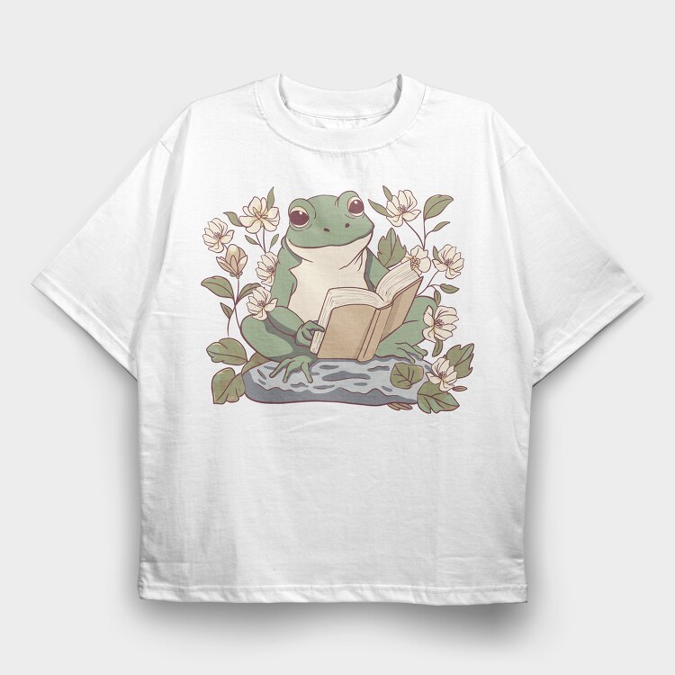 Frog Reading Cottagecore, Tricou Oversize Barbati (Unisex)