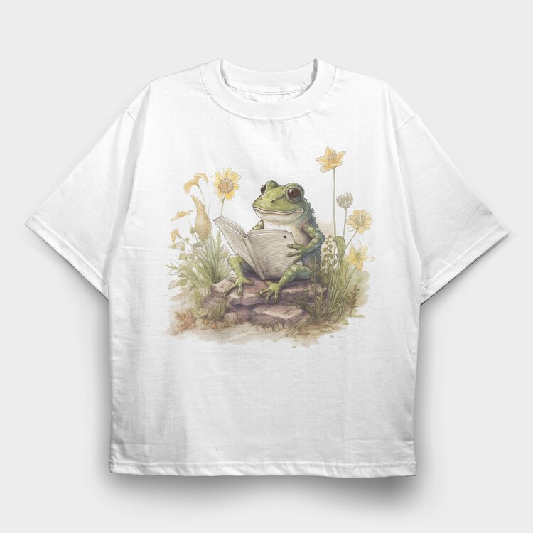 Frog Reading Watercolor, Tricou Oversize Barbati (Unisex)