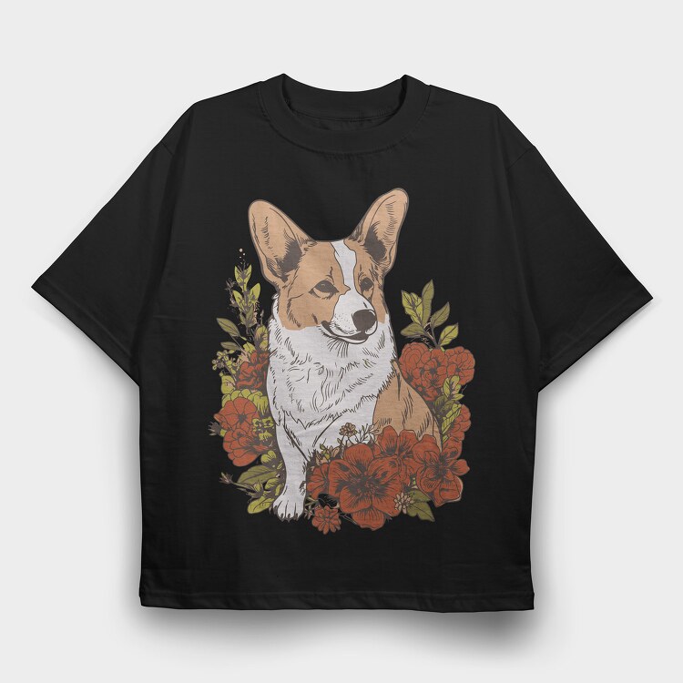 Corgi Dog Red Flowers, Tricou Oversize Barbati (Unisex)