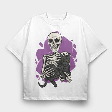 Skeleton Cuddling With a Black Cat, Tricou Oversize Barbati (Unisex)
