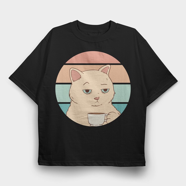 Bored Cat With Coffee, Tricou Oversize Barbati (Unisex)
