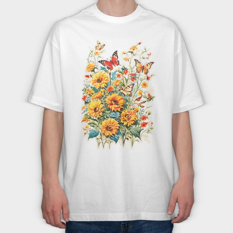 Butterfly and Flowers, Tricou Oversize Barbati (Unisex)