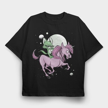 Green Cat Riding Unicorn, Tricou Oversize Barbati (Unisex)