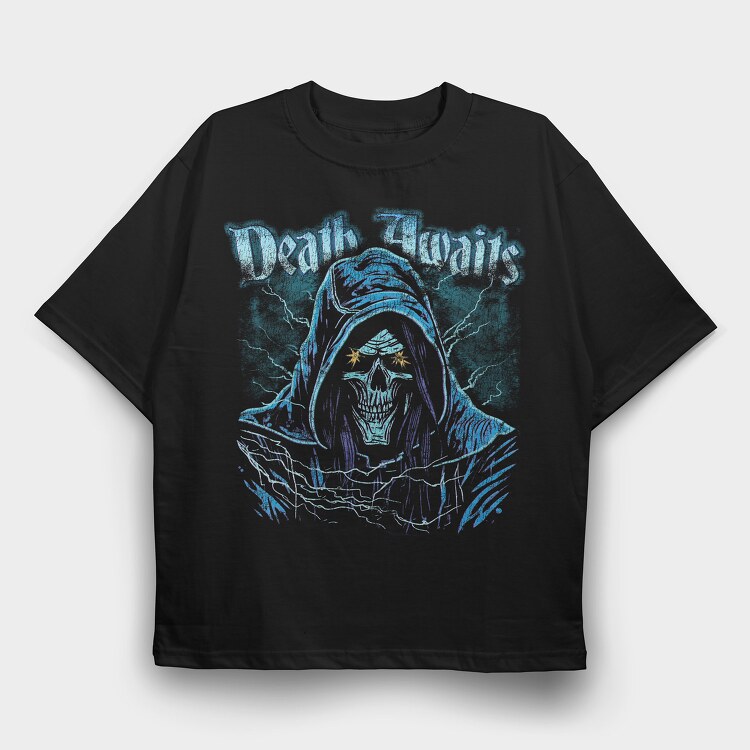 Death Awaits Grim, Tricou Oversize Barbati (Unisex)