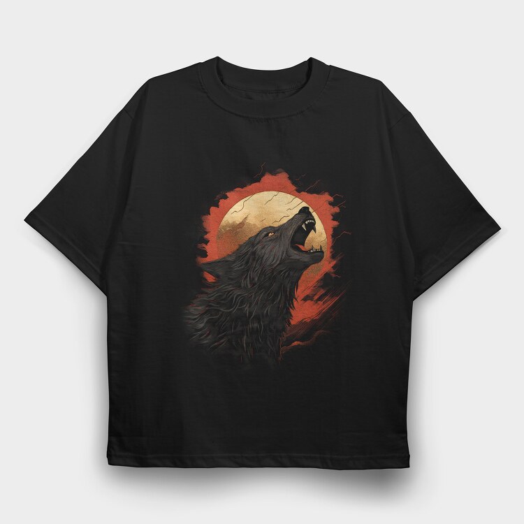 Wolf Howling Moon Red, Tricou Oversize Barbati (Unisex)