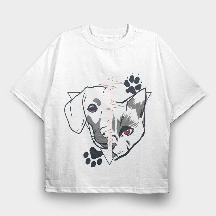 Dog and Cat Heartbeat, Tricou Oversize Barbati (Unisex)