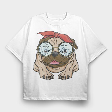Pug With Glasses, Tricou Oversize Barbati (Unisex)
