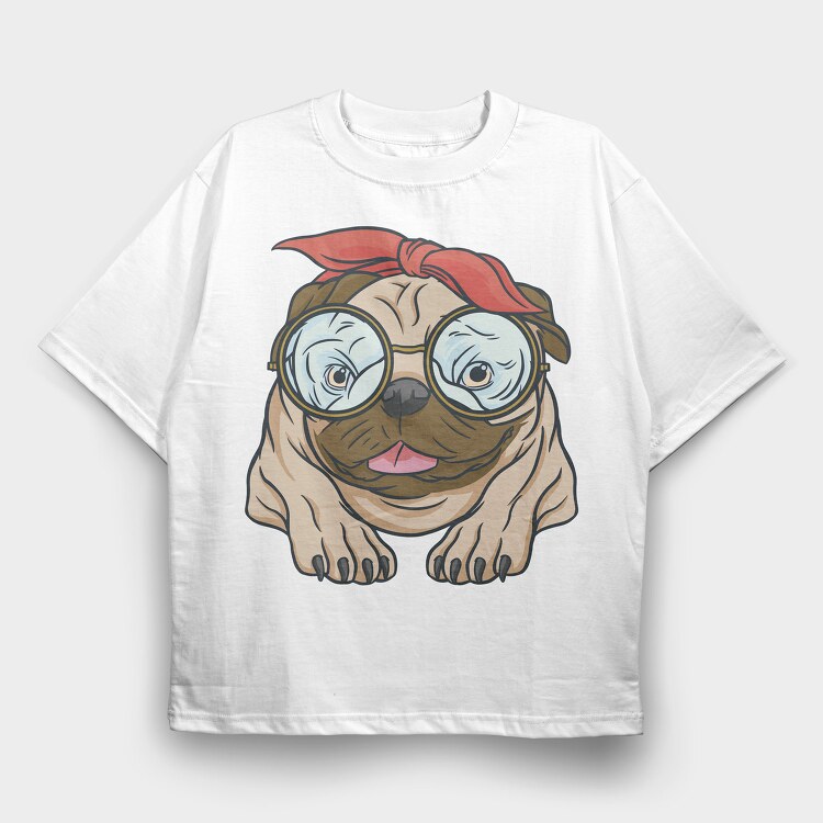Pug With Glasses, Tricou Oversize Barbati (Unisex)