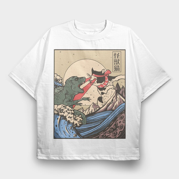 Kaiju Vs Cat, Tricou Oversize Barbati (Unisex)