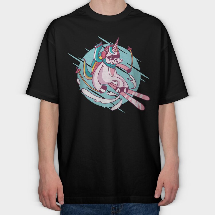 Skiing Unicorn, Tricou Oversize Barbati (Unisex)
