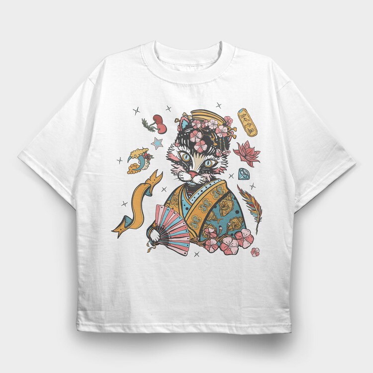 Cat Cherry Blossom, Tricou Oversize Barbati (Unisex)