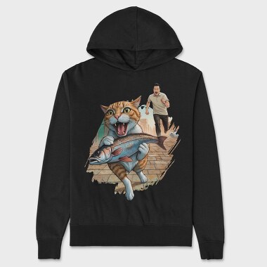 Cat Escaping With Fish, Hanorac Oversize Barbati (Unisex)